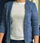 knitted cardigan; Malabrgo Merino Worsted yarn, color stone blue #99